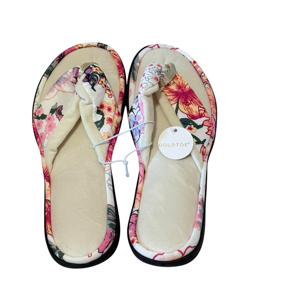 Women's L (9) Goldtoe Malina Thong House shoes Slippers Floral & Cream Mem Foam